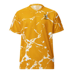 Pickleball Monsta Unisex Short Sleeve Jersey – Splatter – White on Gold