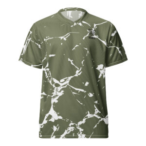 Pickleball Monsta Unisex Short Sleeve Jersey – Splatter – White on Olive